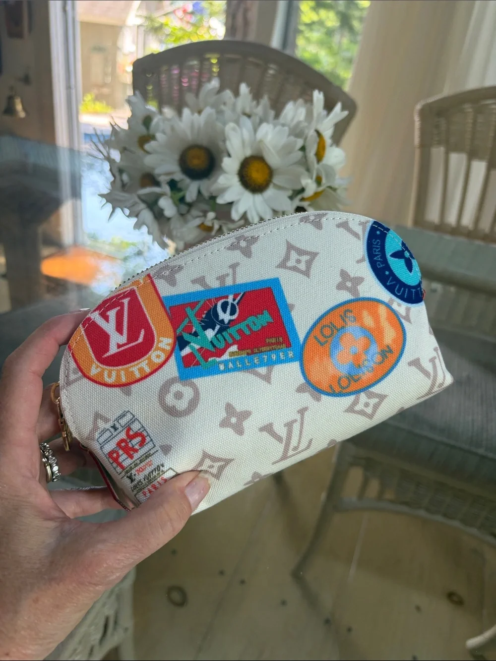 Source Unknown White Cosmetic Pouch with Multicolor Patch Motifs Unbranded